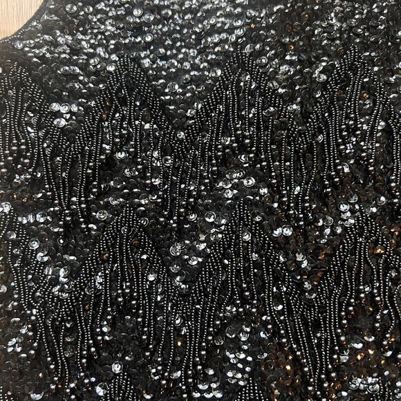 Vintage 60s Sequin Beaded Cocktail Black Sleeveless Top Zip Back Wool SZ Small - Picture 2 of 8